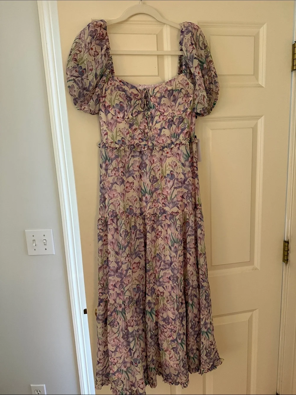 Astr Floral Puff-Sleeve Midi Dress in Lavender and Green